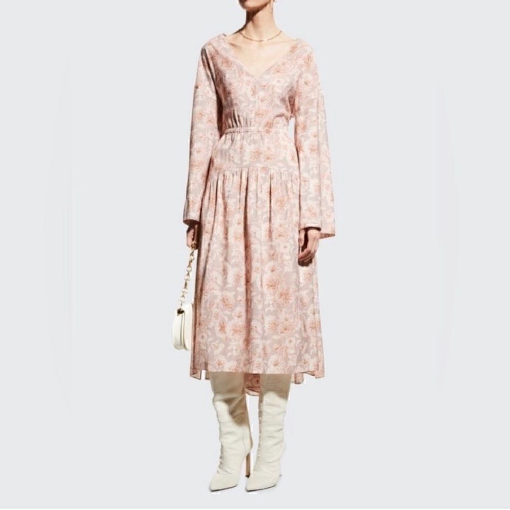 Vince NWT Dahlia Print Long Sleeve Midi Cut Out Dress Beige Pink Floral … - Picture 3 of 14